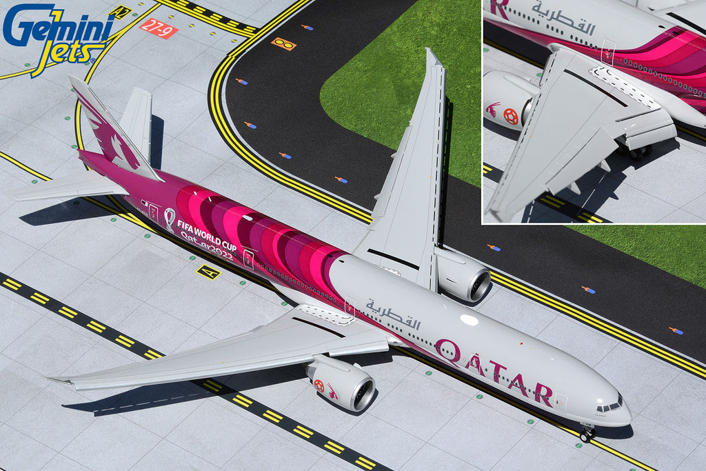 Qatar Airways Boeing 777-300ER Flaps Down A7-BEB Qatar FIFA World Cup 2022 GeminiJets G2QTR972F Scale 1:200